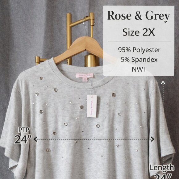 ROSE & GREY Tops - Rose & Grey 2X Embellished Gray Tee Rhinestone Stud Top Plus Size NWOT